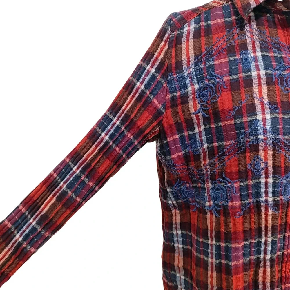 Free People Magical Plaid Button-Up Shirt Embroidered 4th of July‎ Patriotic S